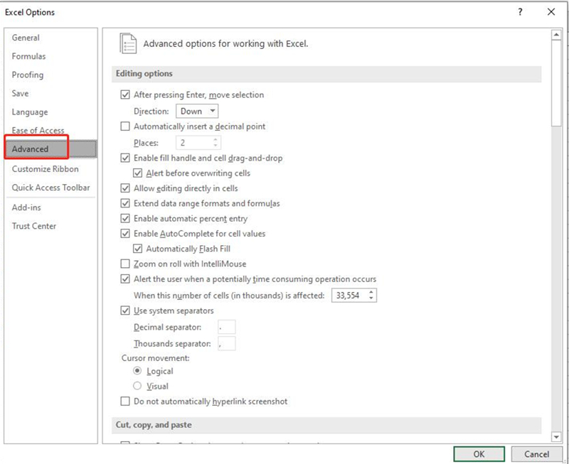 انتقل إلى الخيارات المتقدمة في Excel_فتح ملف اكسل