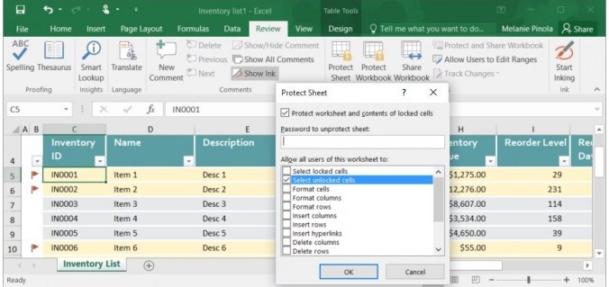 حماية الورقة وإدخال كلمة المرور