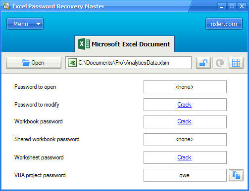 rixler excel password recovery