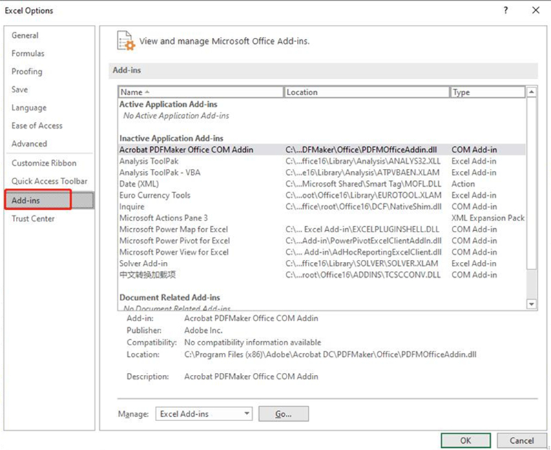 اختر الوظائف الإضافية في خيارات الإكسل_فك حماية ملفات excel