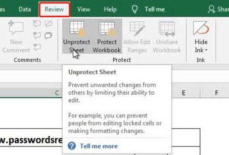 الغاء حماية الورقة لحذف كلمة المرور من مستند الـ excel