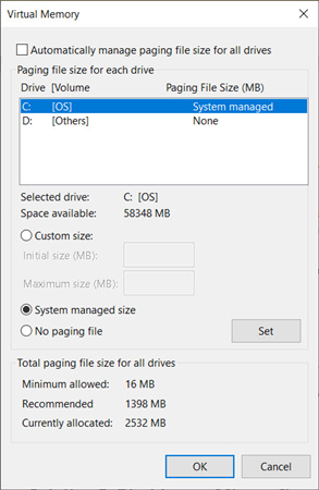 turn off automatic paging file size management