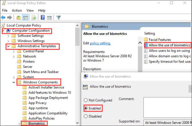 enable biometrics in local group policy editor