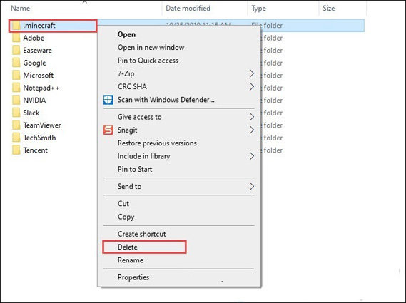 delete minecraft folder to fix minecraft not responding