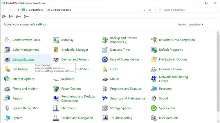 select device manager in control panel