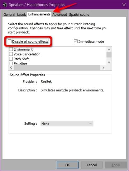 disable all sound enhacements to fix sound not working
