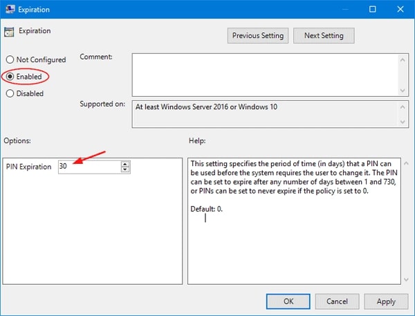 enable/disable PIN expiration