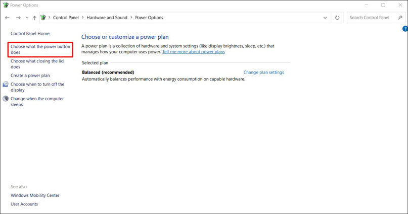 choose what power button does windows 10
