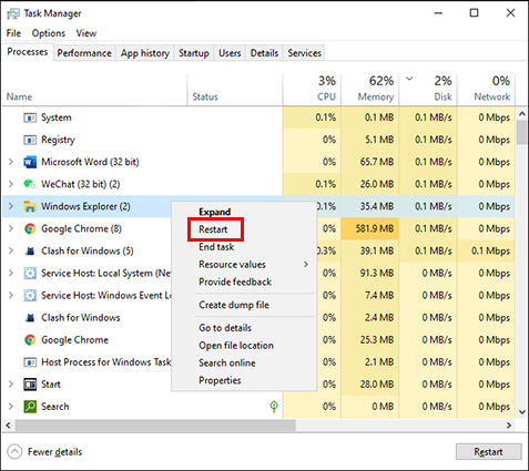 restart windows explorer