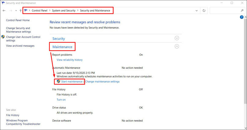 start windows maintenance