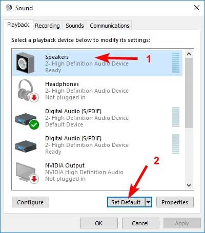 set default speakers to fix windows 10 sound not working