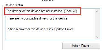 the drivers for this device are not installed code 28