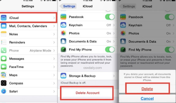 icloud cancella account