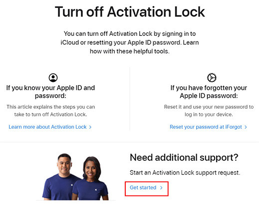 click get started to request activation lock support