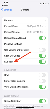 problems with iPhone 13 pro max - enable live text
