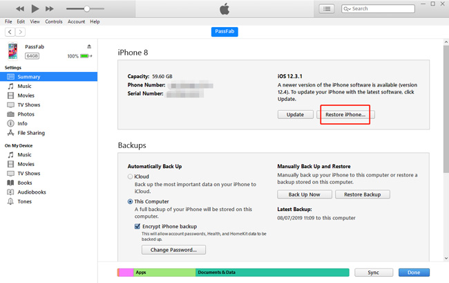 click restore iphone