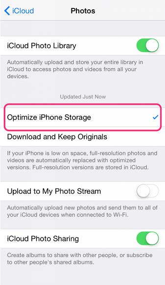 enable the optimize iphone storage