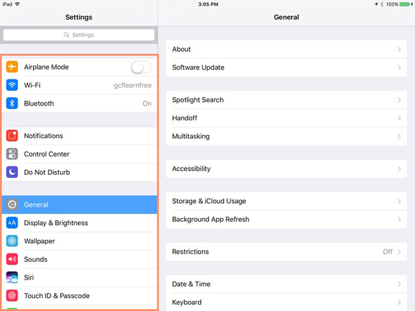 go to general section in settings