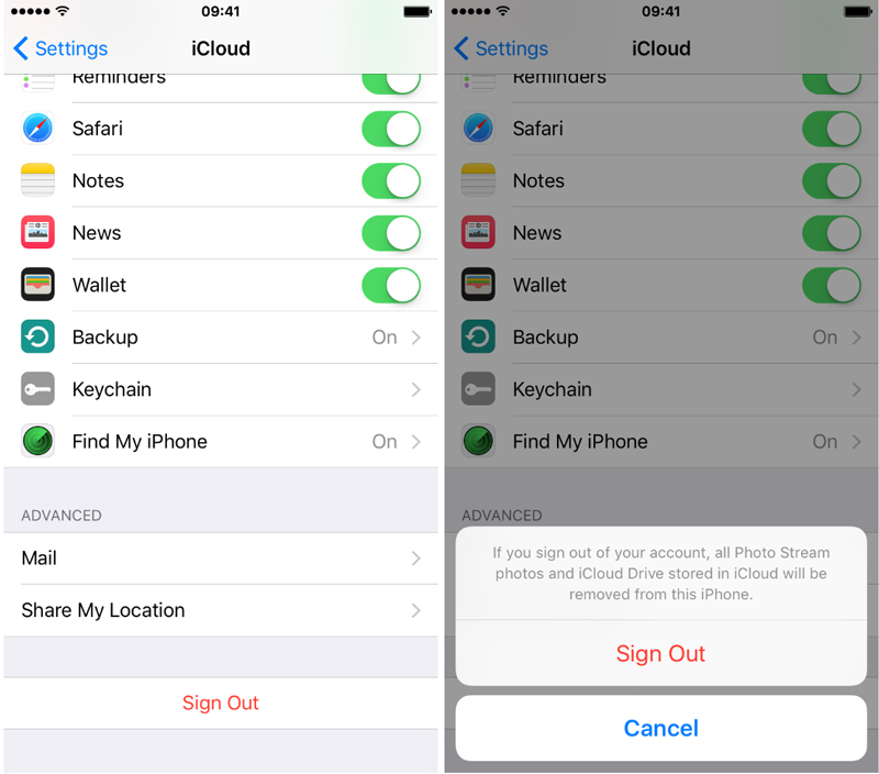 sign out icloud ios10