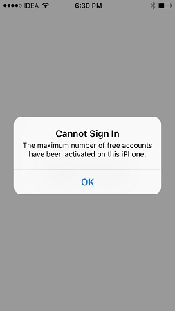 cannot sign in maximum number of free accounts have been activated on this iPhone