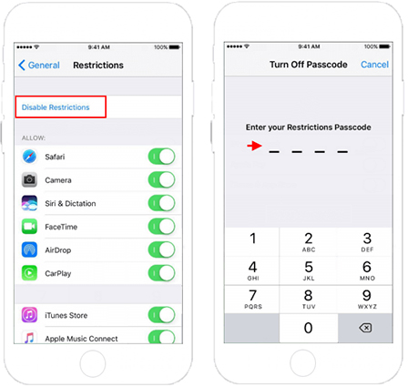 disable restrictions on iphone with passcode