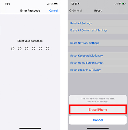 factory reset iphone without password-settings