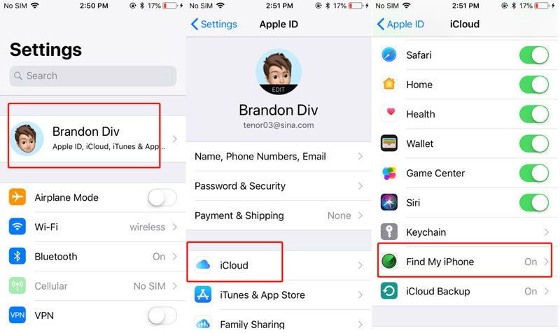 turn off find my iphone in settings