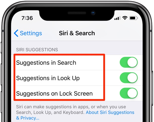Desactivar las Sugerencias de Siri y la Búsqueda de Siri