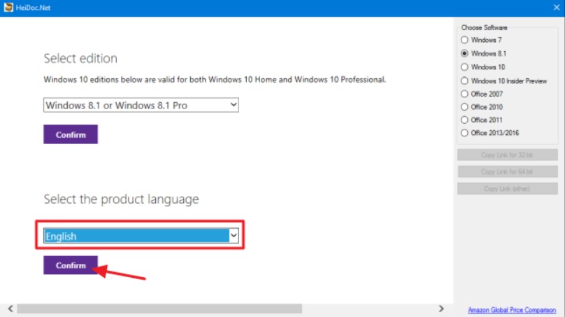 chosse language in windows iso downloader
