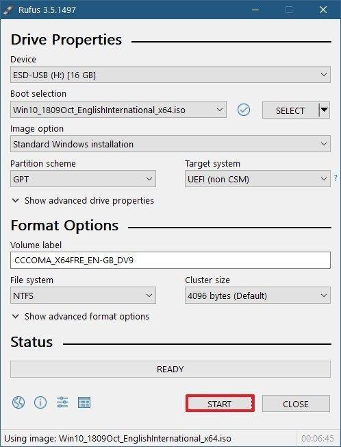 start to burn iso to usb with rufus