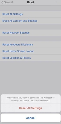 confirm to reset all settings