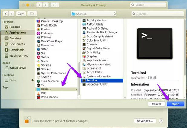select terminal in utilities and click open
