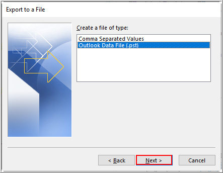 select outlook data file and click next to export as pst file