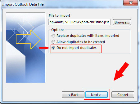 click browse to select file and select do not import duplicates