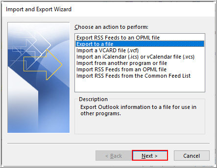 chose export to a file and click next to export as pst file