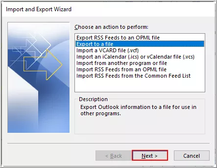 select export to a file and click next