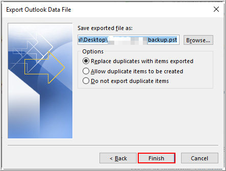 finish export pst