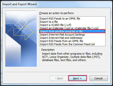 select import from another program or file and click next to merge pst files