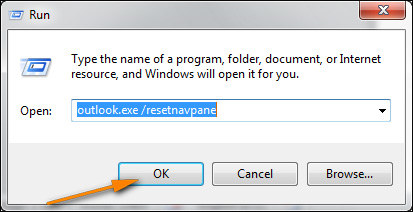 нажмите win и r и введите команду, чтобы запустить Outlook resetnavpane