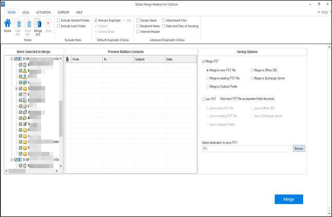 check merge to new pst file and click browse to select destination and click merge
