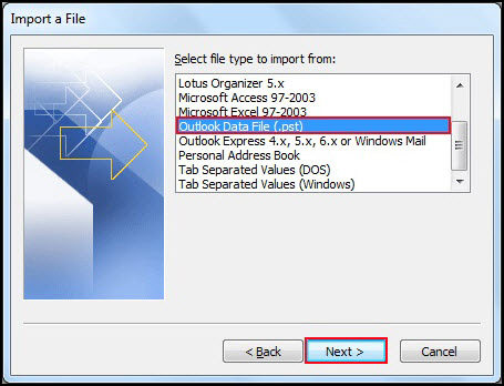 choose file type outlook data file pst to import from
