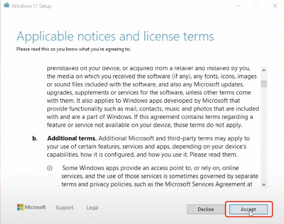 Accept all the updates while installing windows 11