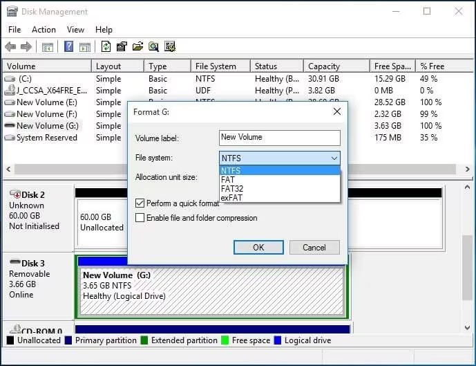 Choose FAT32 as the File system using windows explorer
