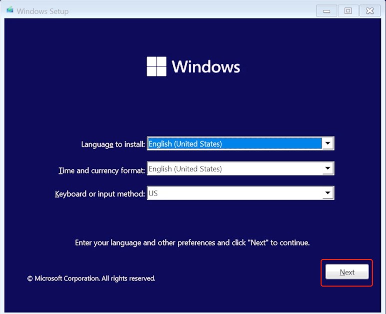 choosing a language, time zone, and keyboard settings in Windows setup menu