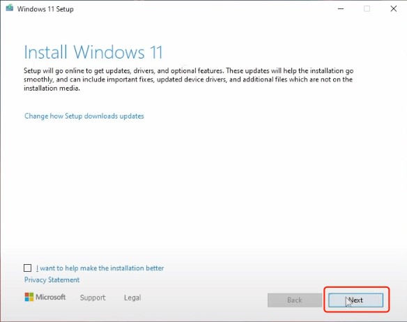 Click next to installing windows 11