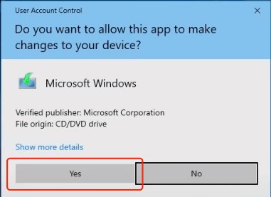 click on yes to agree the terms while installing windows from iso file