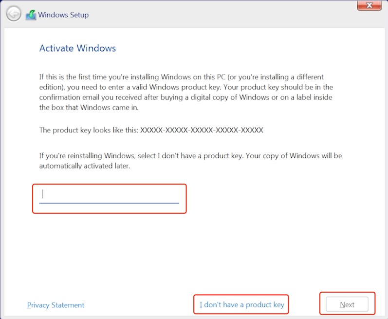 clicking on I don’t have a product key on the Windows setup menu