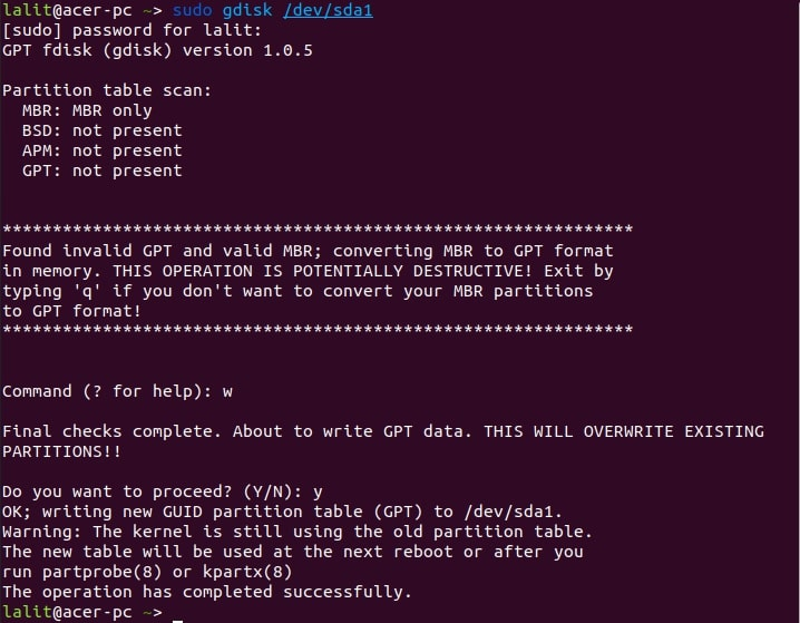 convertir MBR en GPT Linux