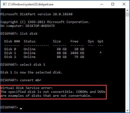 the specified disk is not convertible because the size is less
