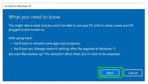 Image of fifth step of changing from Window 11 to Windows 10